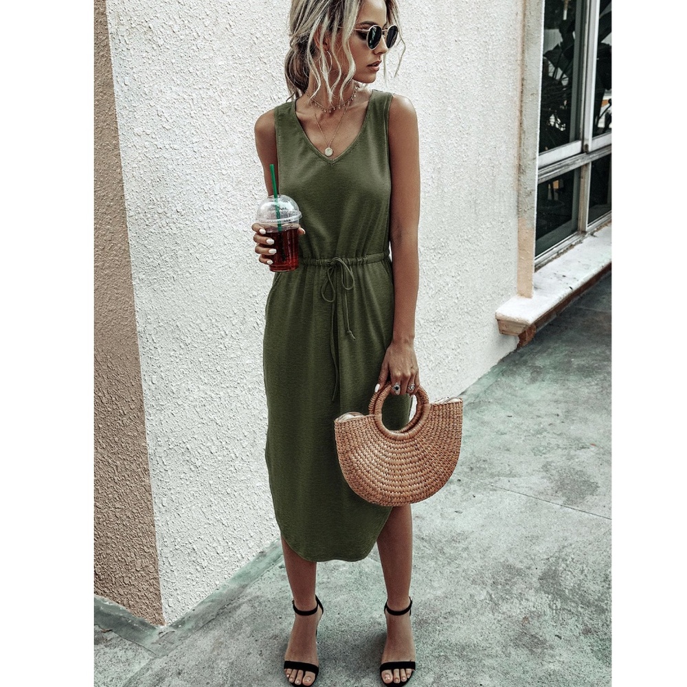 Army Green Drawstring Waist Midi Casual Dress - Picture 2 of 12